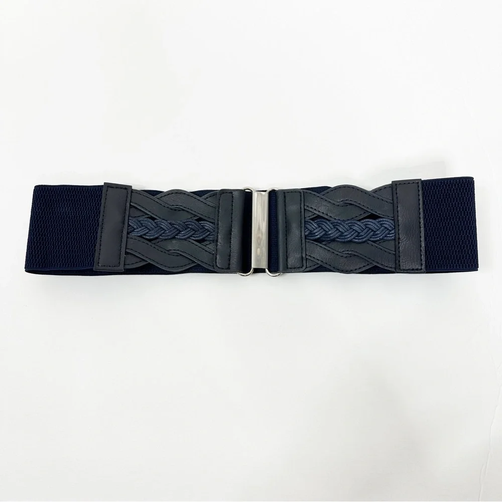 2/$30 NEW Elastic Wide Waist Belt Braided Navy Blue